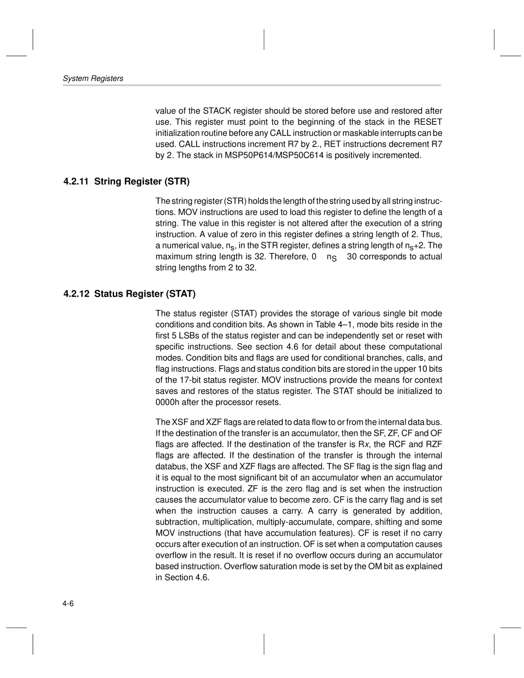 Texas Instruments MSP50C6xx manual String Register STR, Status Register Stat 