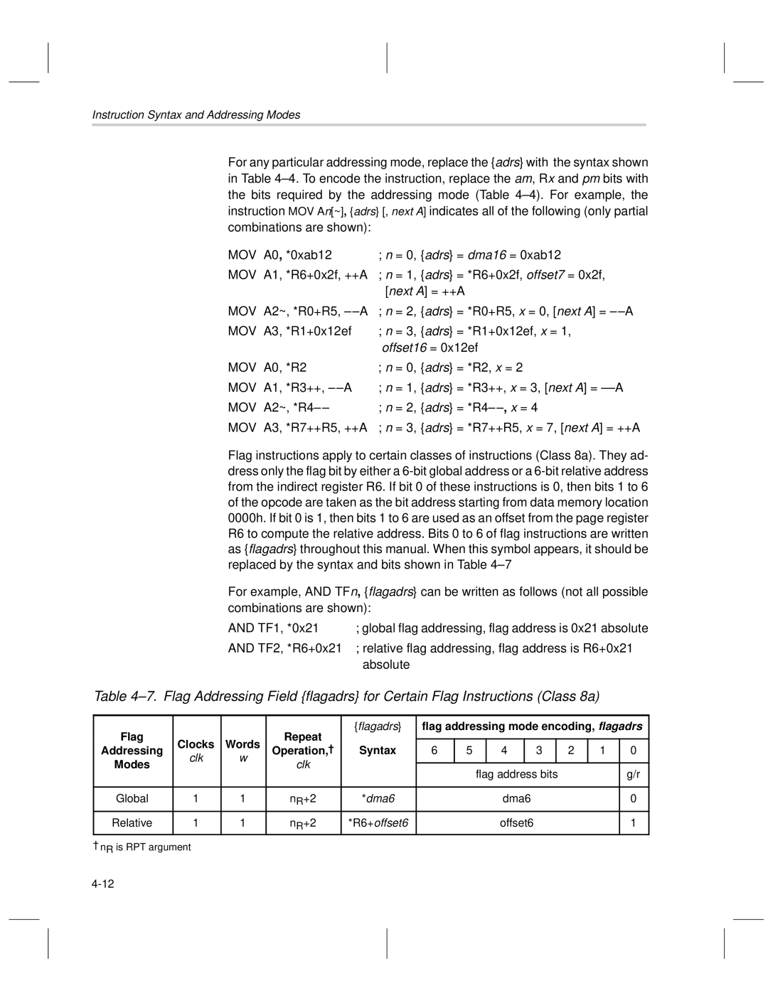Texas Instruments MSP50C6xx manual Flag Repeat, Flagadrs, Flag addressing mode encoding, flagadrs 