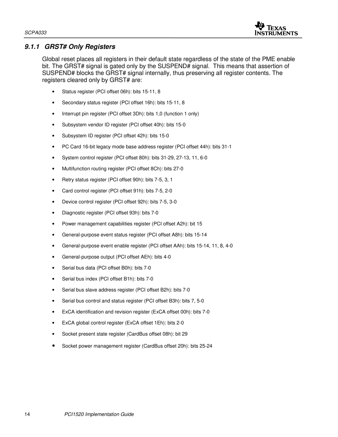 Texas Instruments PCI1520 manual GRST# Only Registers 
