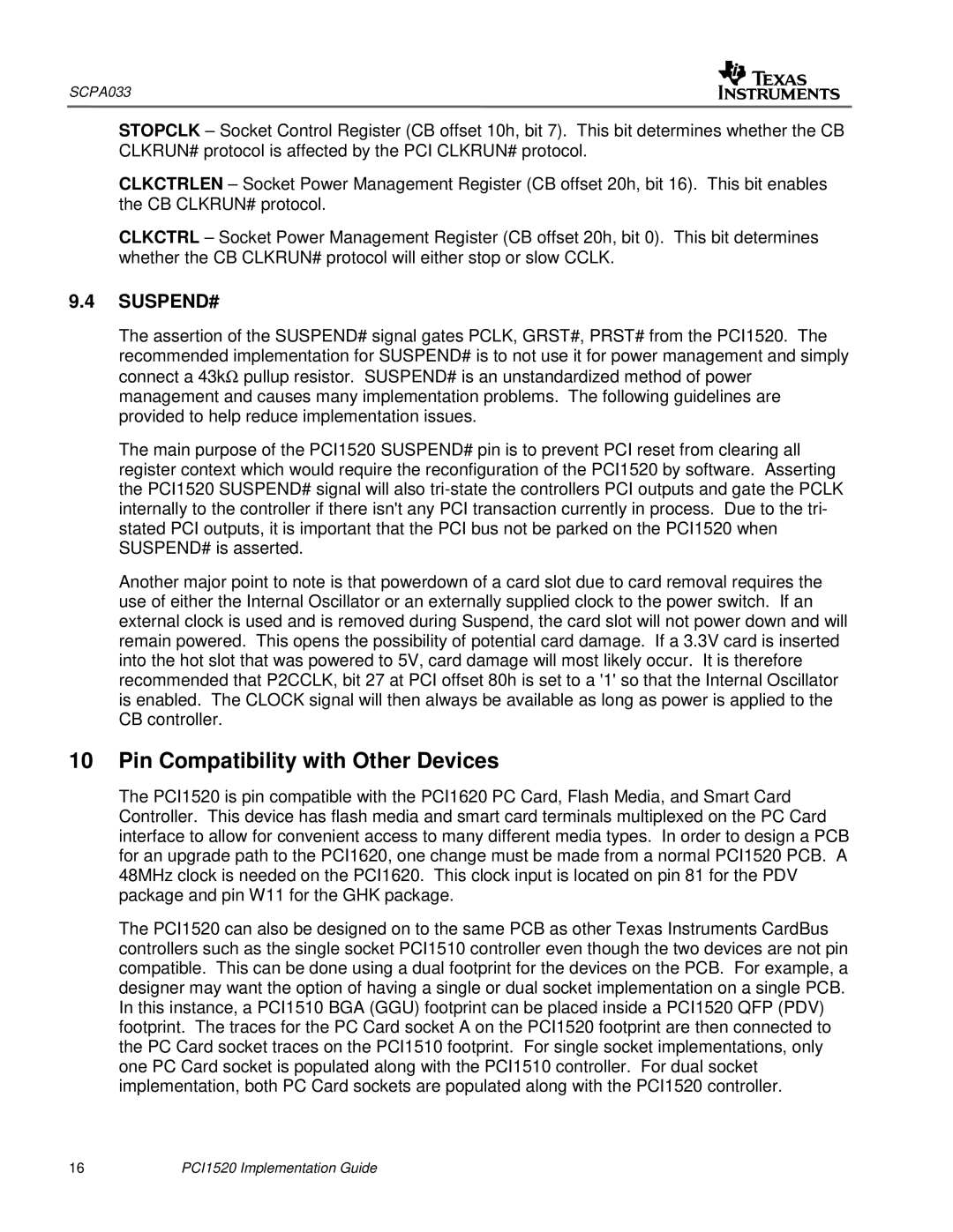 Texas Instruments PCI1520 manual Pin Compatibility with Other Devices 