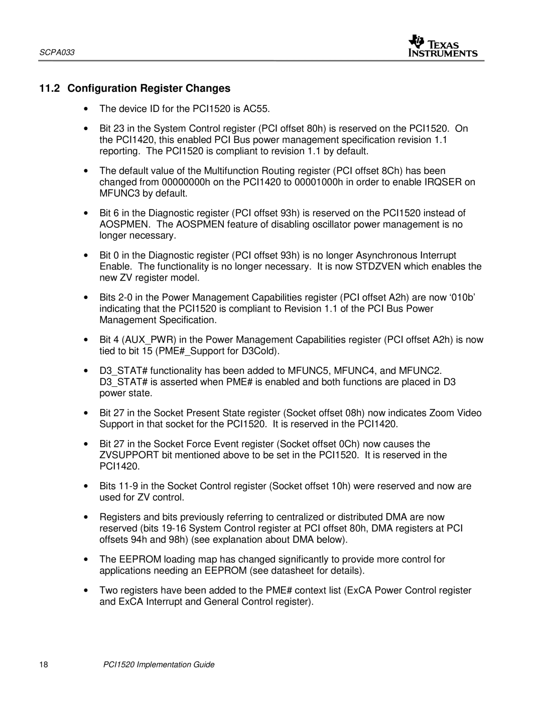 Texas Instruments PCI1520 manual Configuration Register Changes 