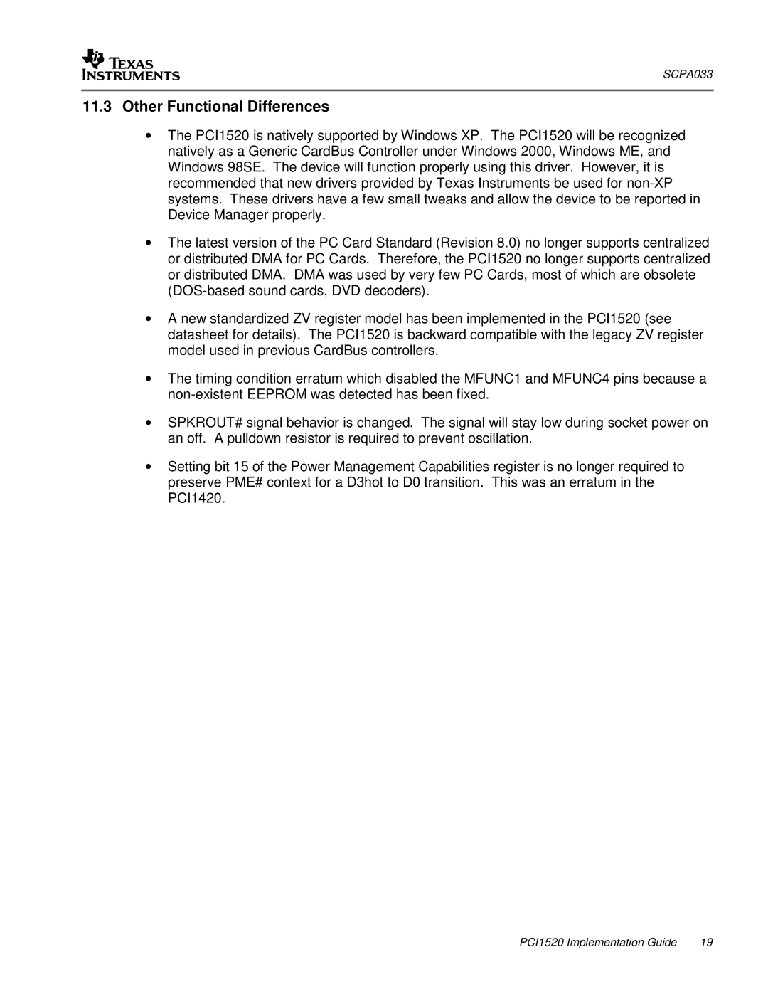 Texas Instruments PCI1520 manual Other Functional Differences 