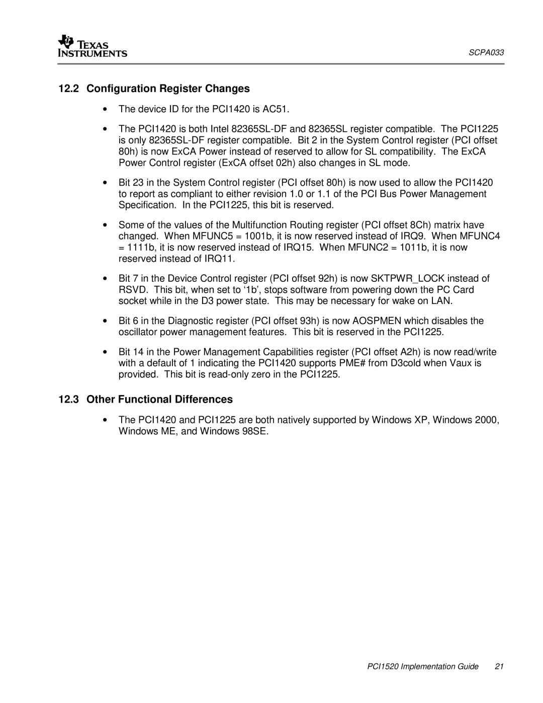 Texas Instruments PCI1520 manual Configuration Register Changes 