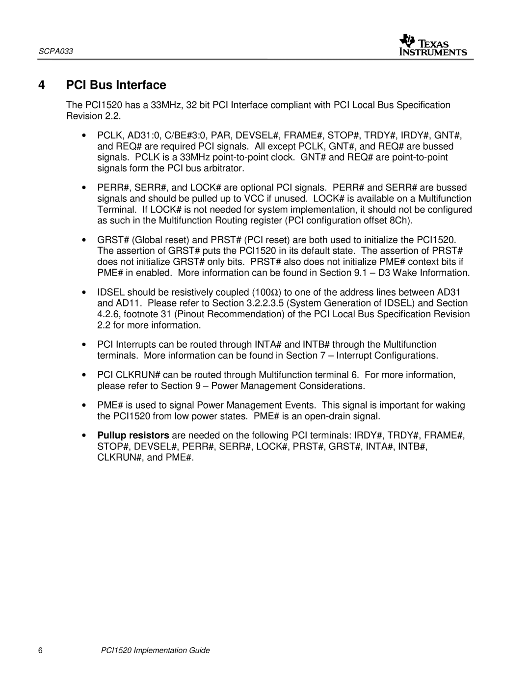 Texas Instruments PCI1520 manual PCI Bus Interface 