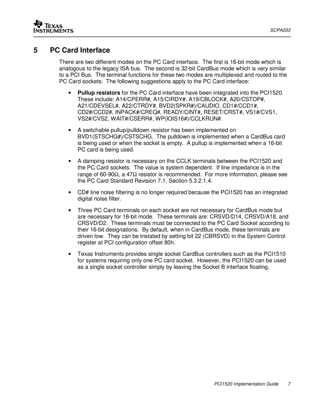 Texas Instruments PCI1520 manual PC Card Interface 