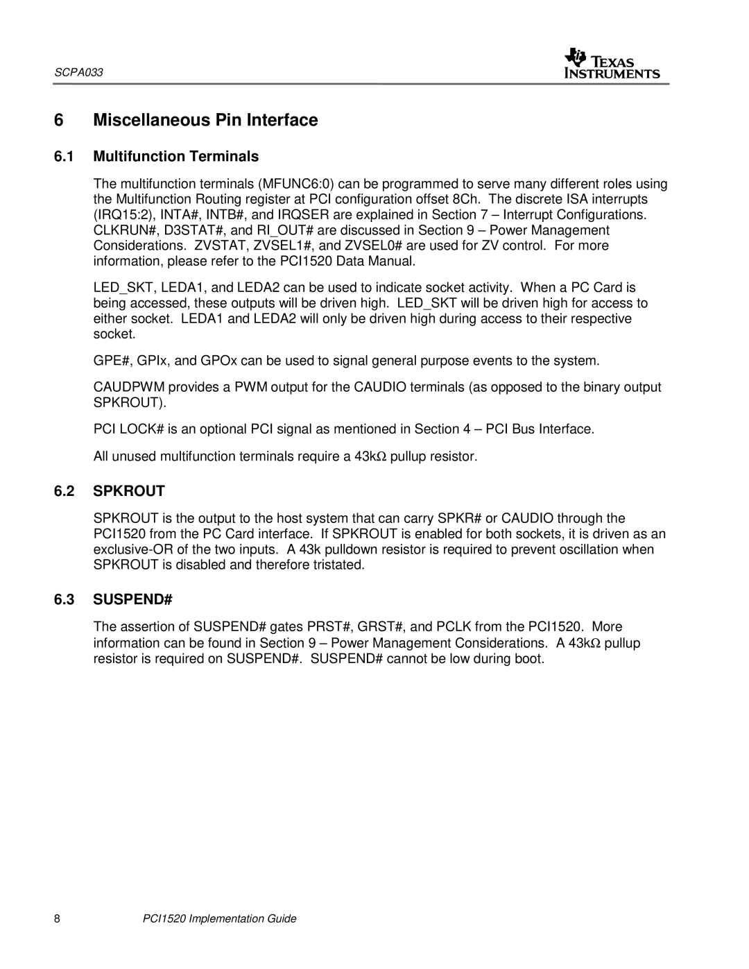 Texas Instruments PCI1520 manual Miscellaneous Pin Interface, Multifunction Terminals 