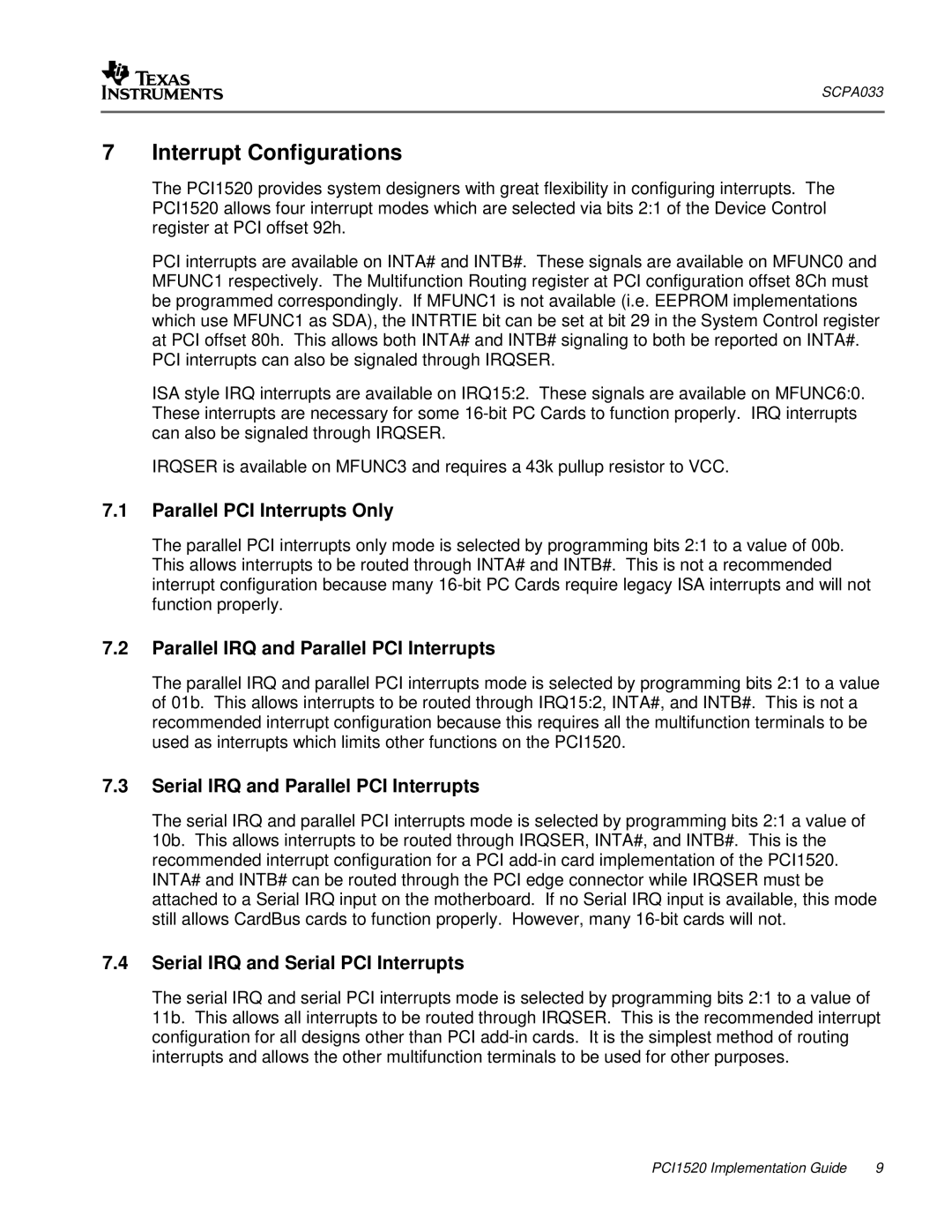 Texas Instruments PCI1520 Interrupt Configurations, Parallel PCI Interrupts Only, Parallel IRQ and Parallel PCI Interrupts 