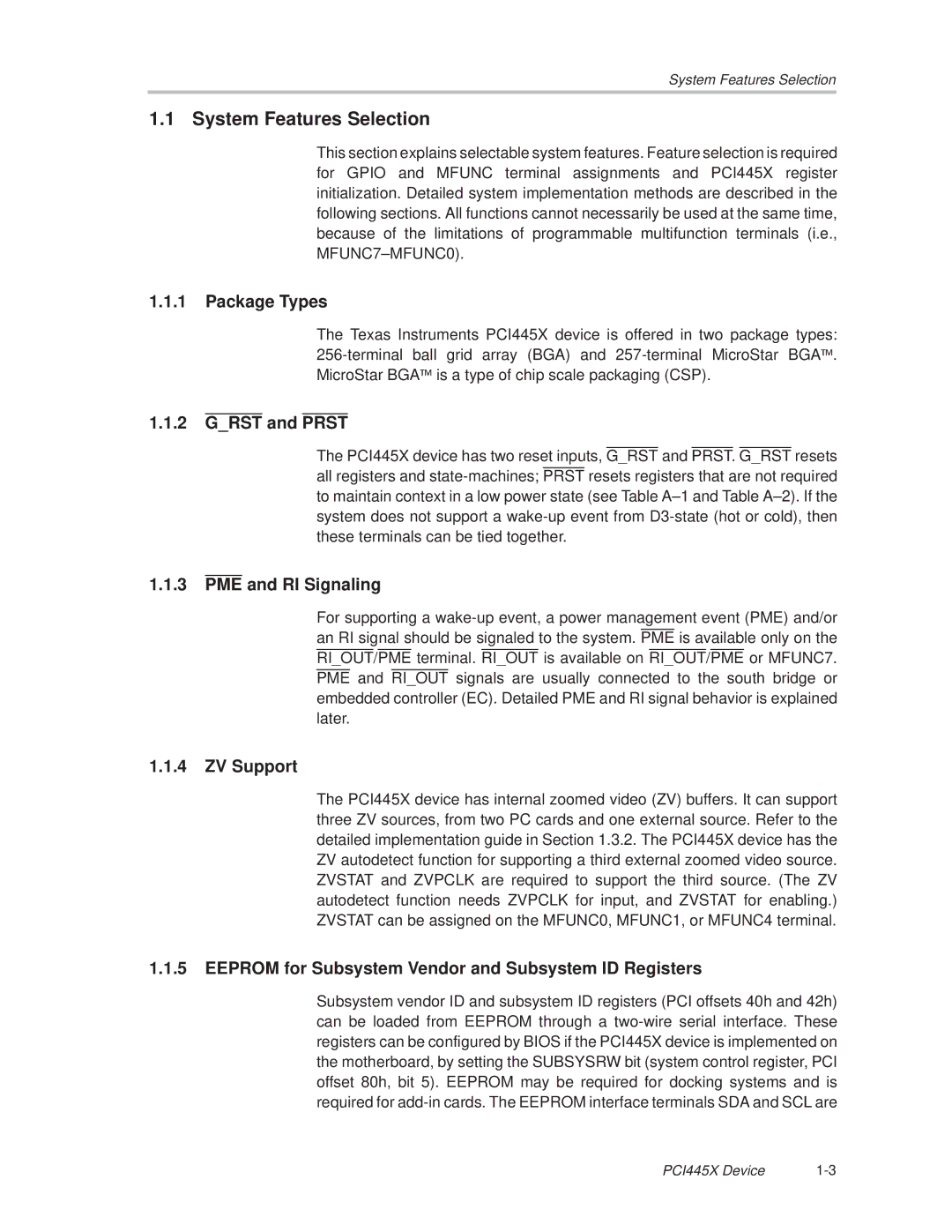 Texas Instruments PCI445X manual System Features Selection 