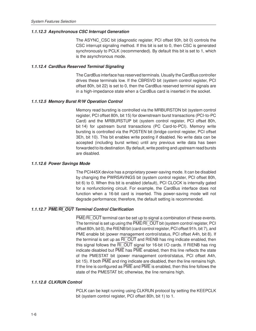 Texas Instruments PCI445X Asynchronous CSC Interrupt Generation, CardBus Reserved Terminal Signaling, Power Savings Mode 