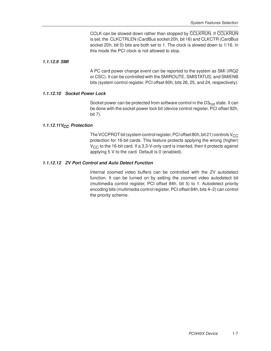 Texas Instruments PCI445X manual 12.9 SMI, Socket Power Lock, 12.11VCC Protection, ZV Port Control and Auto Detect Function 
