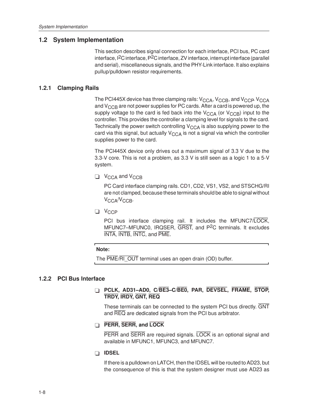 Texas Instruments PCI445X manual System Implementation, Clamping Rails, PCI Bus Interface, PERR, SERR, and Lock 