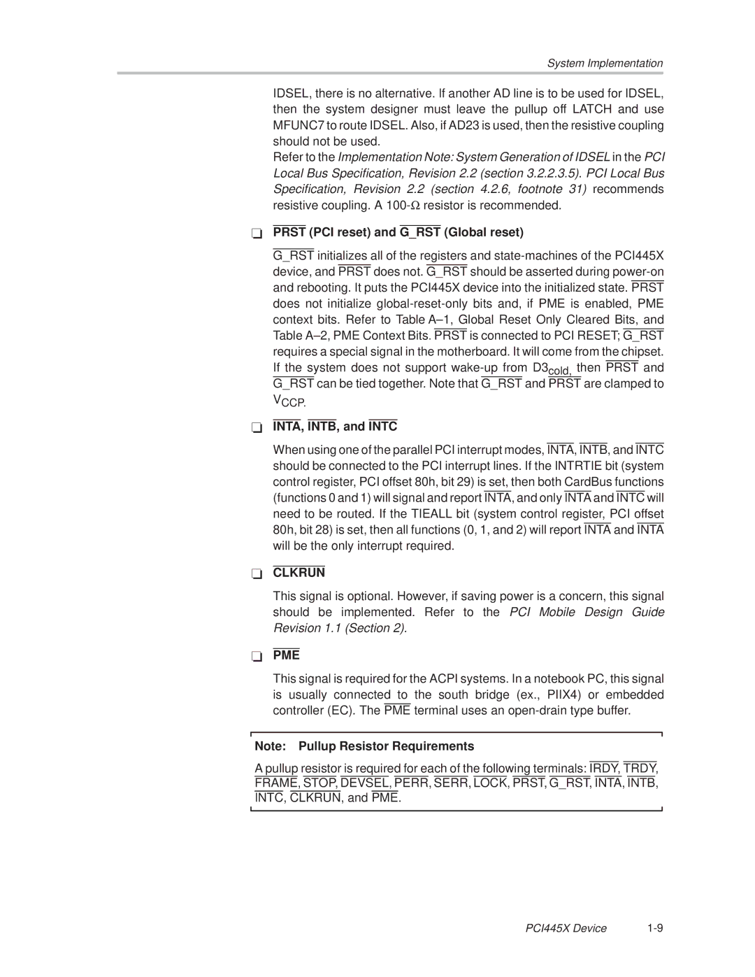 Texas Instruments PCI445X manual Prst PCI reset and Grst Global reset, INTA, INTB, and Intc 