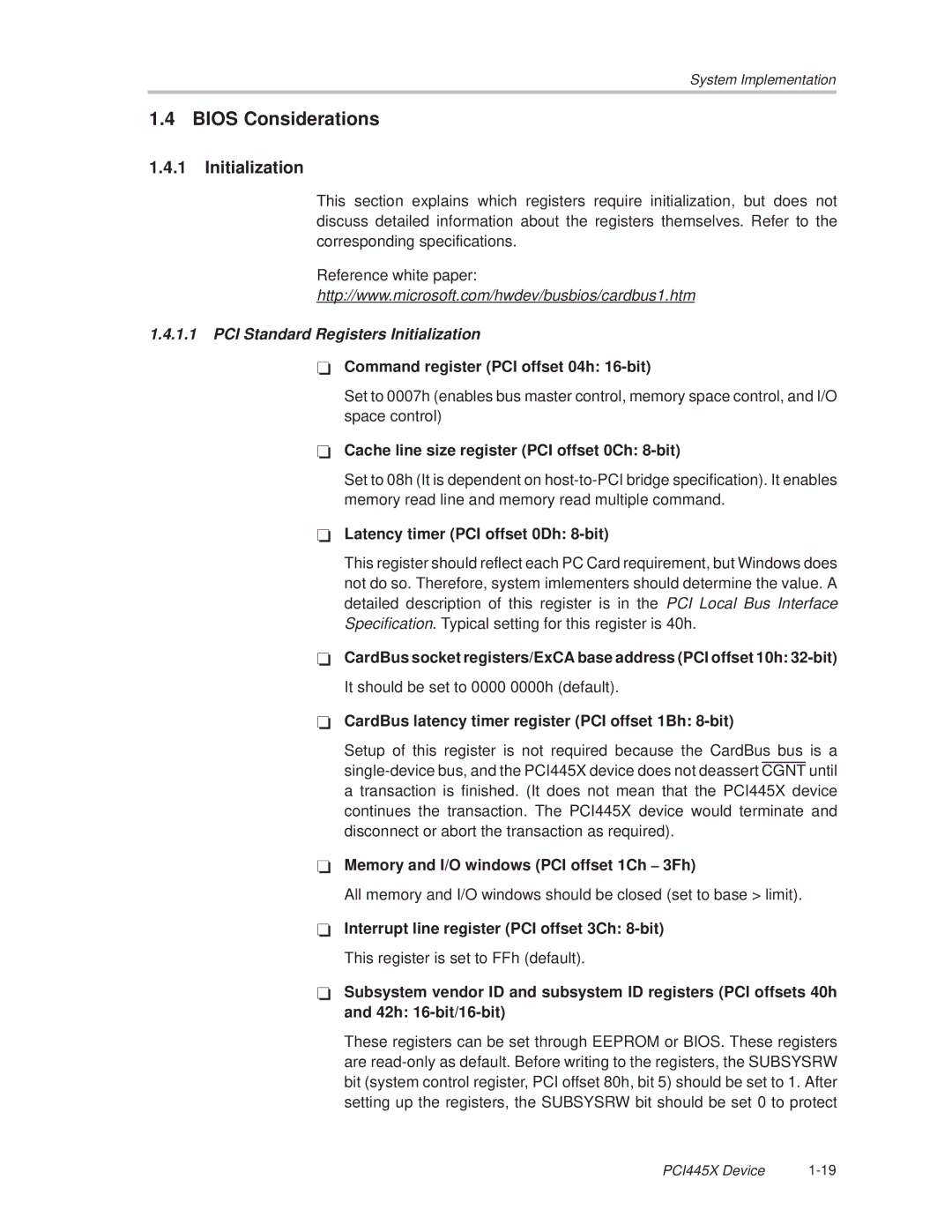 Texas Instruments PCI445X manual Bios Considerations, PCI Standard Registers Initialization 