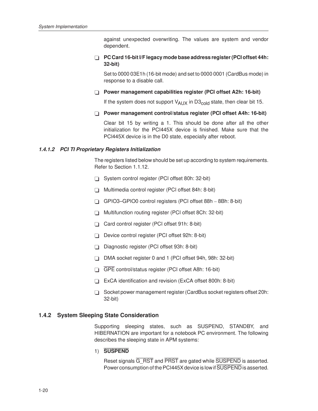 Texas Instruments PCI445X manual System Sleeping State Consideration, PCI TI Proprietary Registers Initialization 