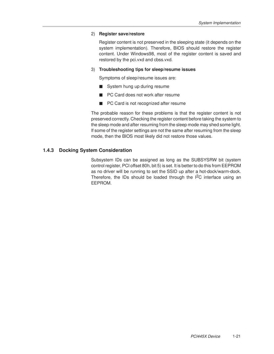 Texas Instruments PCI445X manual Docking System Consideration, Register save/restore 