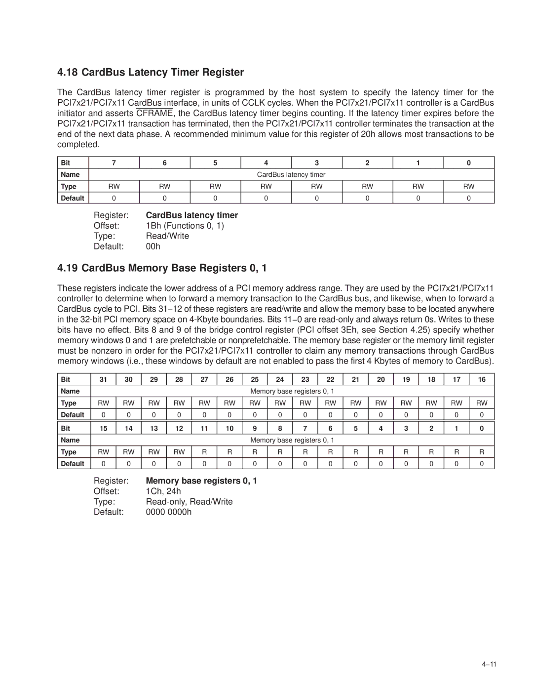 Texas Instruments PCI7611 CardBus Latency Timer Register, CardBus Memory Base Registers 0, Register CardBus latency timer 