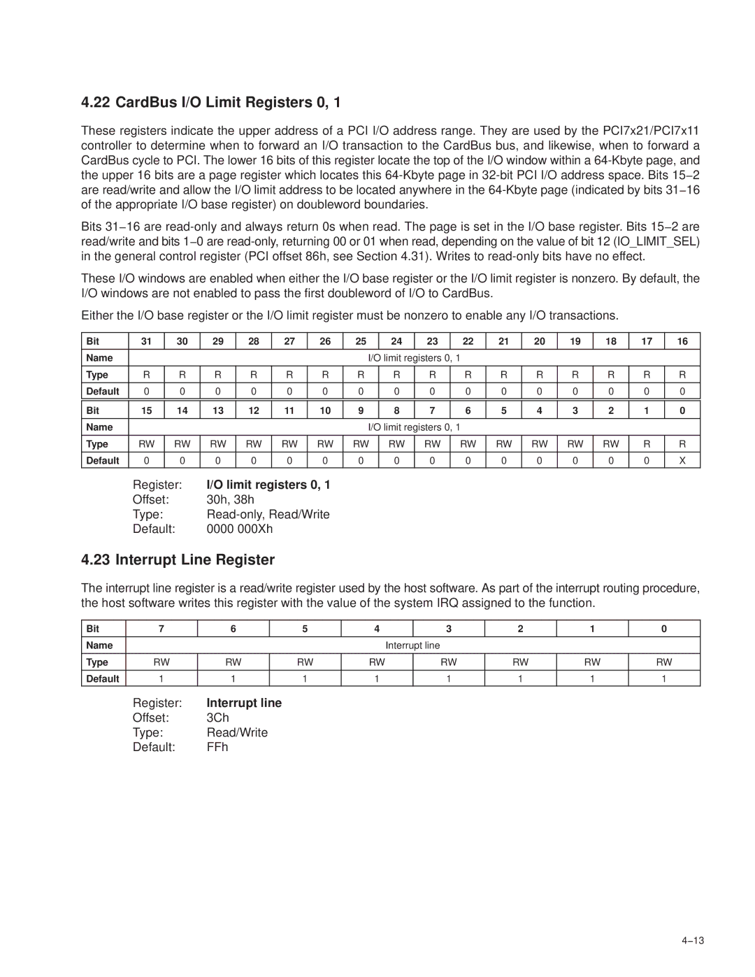 Texas Instruments PCI7421, PCI7411, PCI7611 manual CardBus I/O Limit Registers 0, Interrupt Line Register, Limit registers 0 
