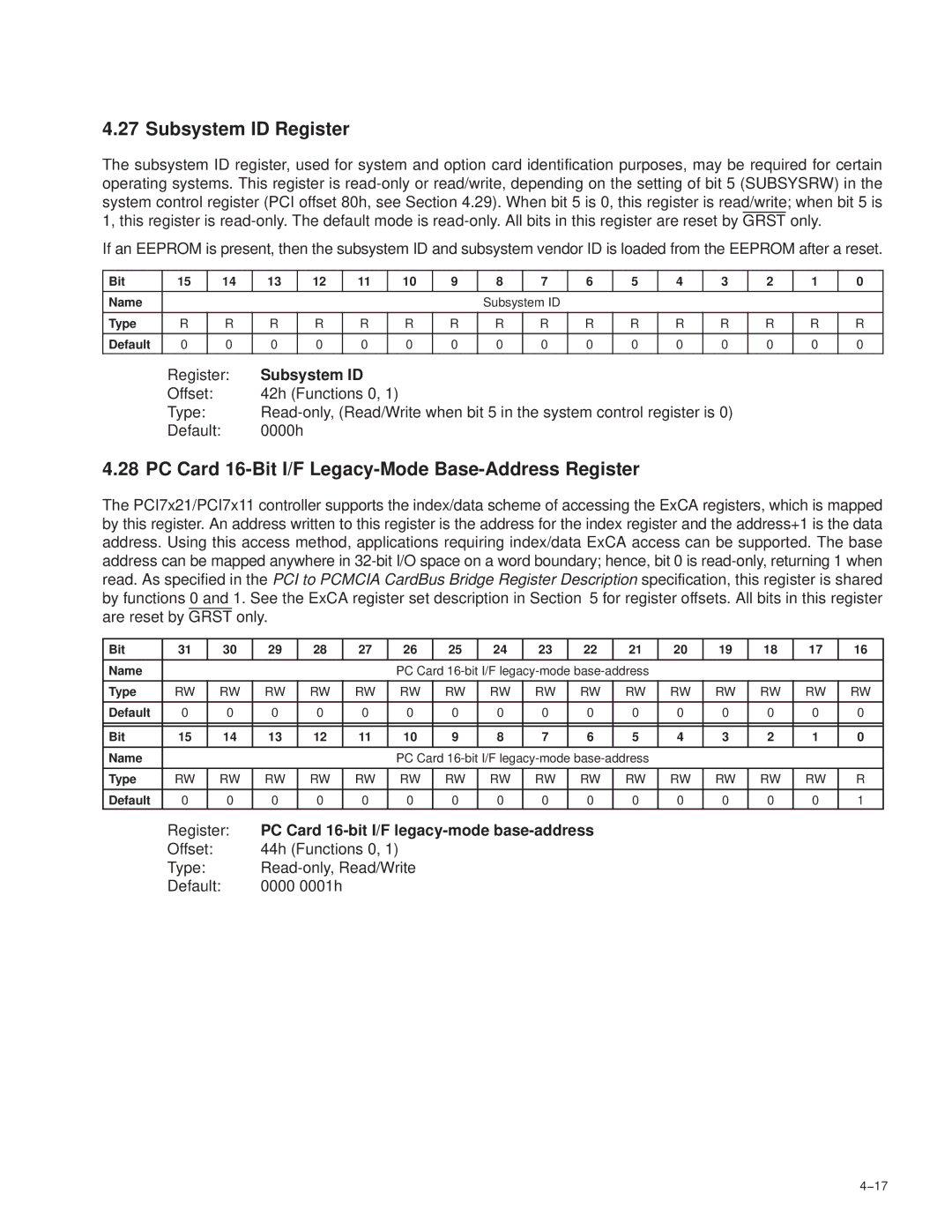 Texas Instruments PCI7421, PCI7411, PCI7611 Subsystem ID Register, PC Card 16-Bit I/F Legacy-Mode Base-Address Register 