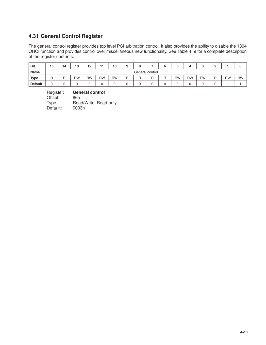 Texas Instruments PCI7421, PCI7411, PCI7611, PCI7621 manual General Control Register, General control 