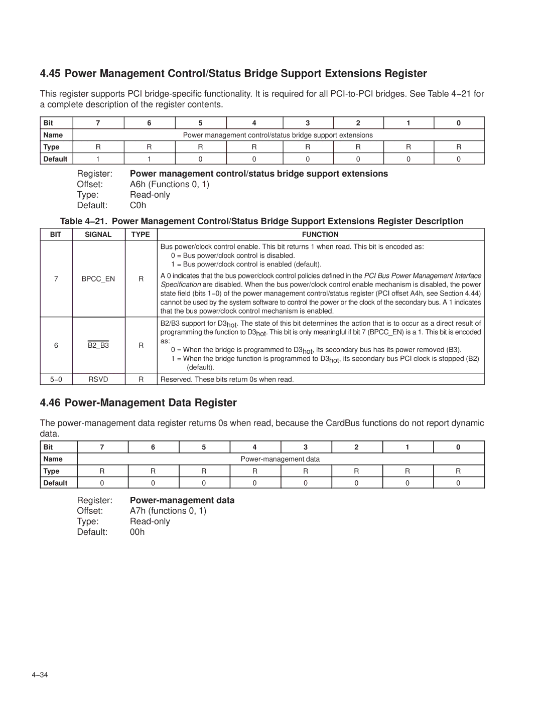 Texas Instruments PCI7411 manual Power-Management Data Register, Power management control/status bridge support extensions 