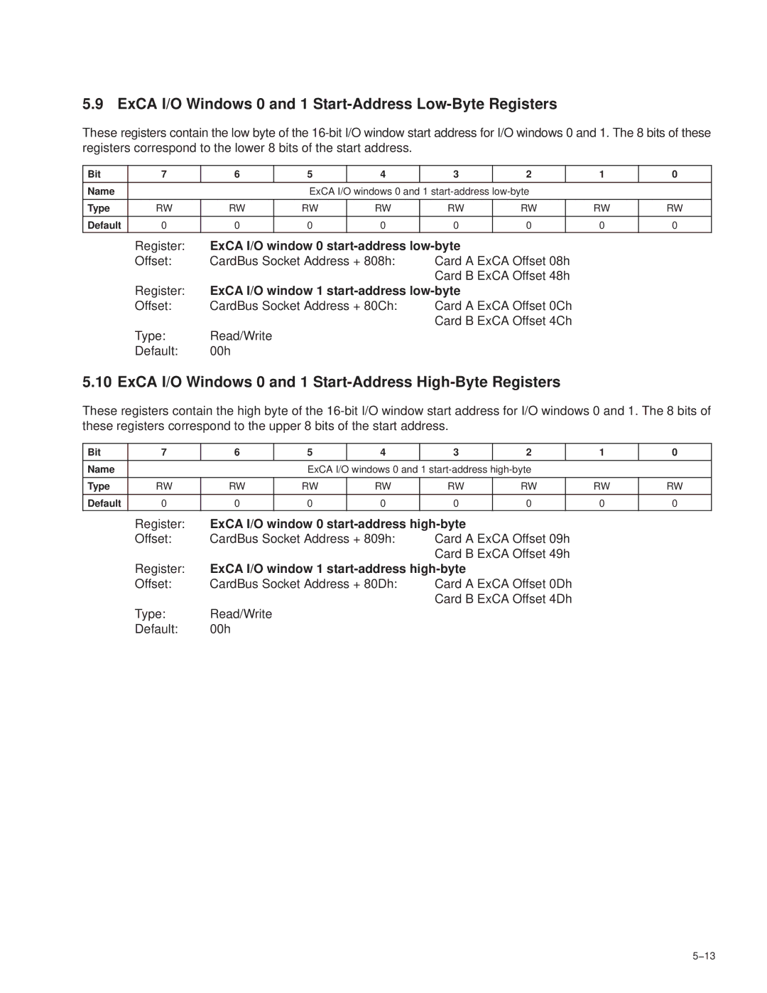 Texas Instruments PCI7611, PCI7411, PCI7621, PCI7421 manual ExCA I/O Windows 0 and 1 Start-Address Low-Byte Registers 