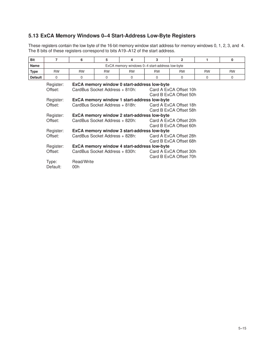 Texas Instruments PCI7421, PCI7411, PCI7611, PCI7621 manual ExCA Memory Windows 0−4 Start-Address Low-Byte Registers 