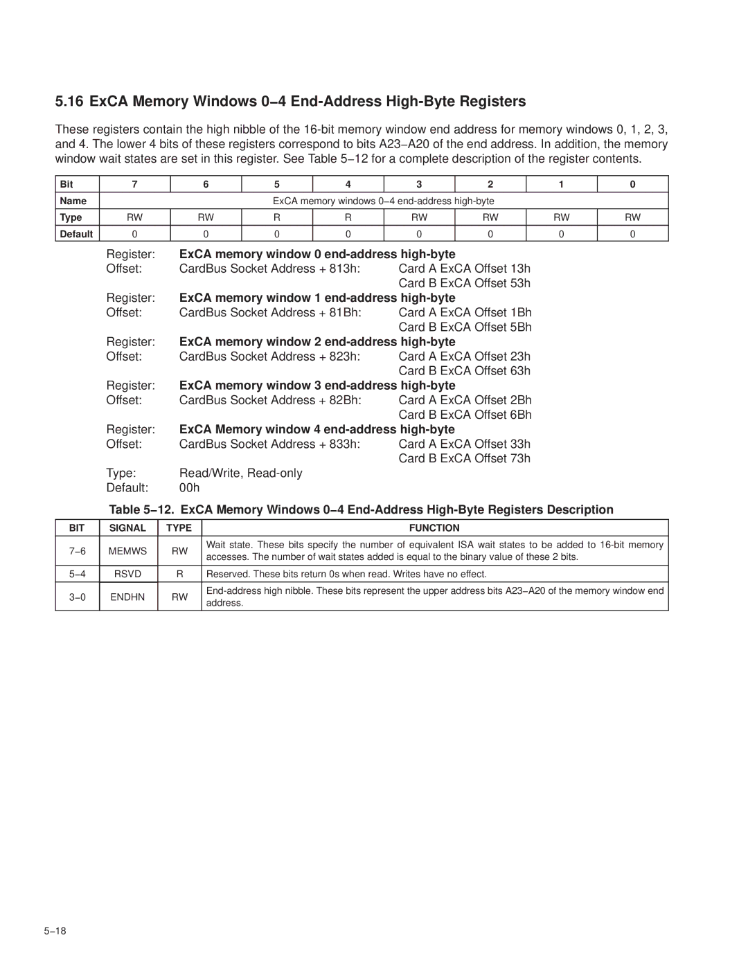 Texas Instruments PCI7621, PCI7411, PCI7611, PCI7421 manual ExCA Memory Windows 0−4 End-Address High-Byte Registers 