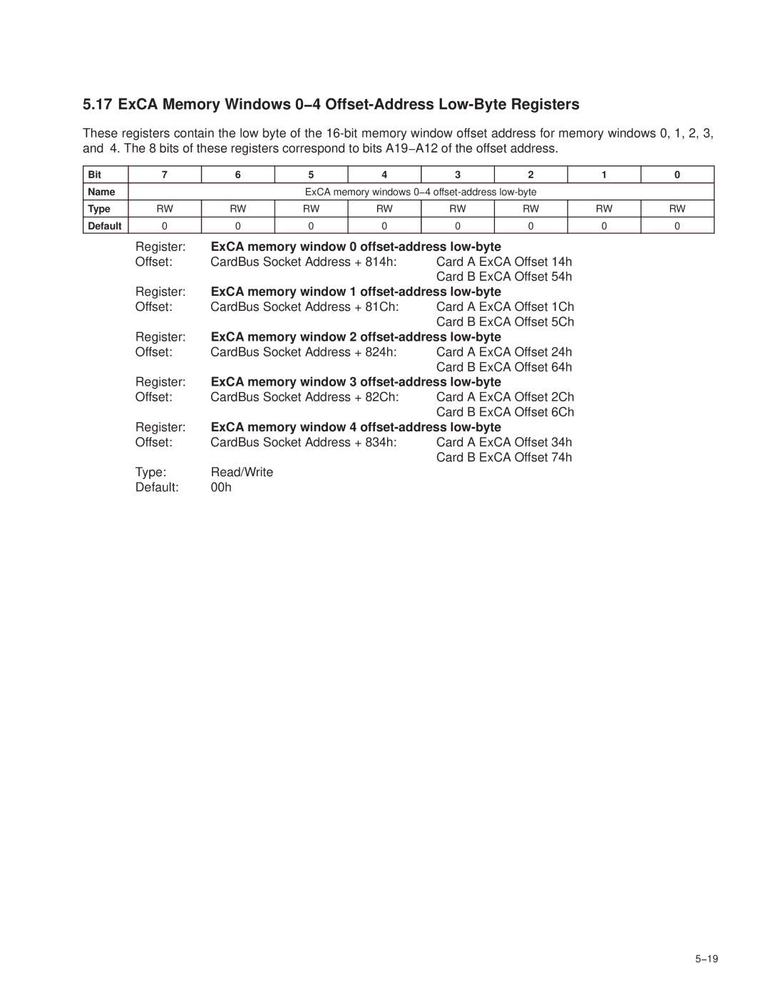 Texas Instruments PCI7421, PCI7411, PCI7611, PCI7621 manual ExCA Memory Windows 0−4 Offset-Address Low-Byte Registers 