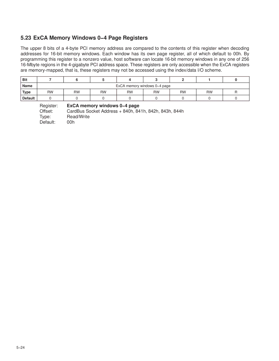 Texas Instruments PCI7411, PCI7611, PCI7621 manual ExCA Memory Windows 0−4 Page Registers, Register ExCA memory windows 0−4 