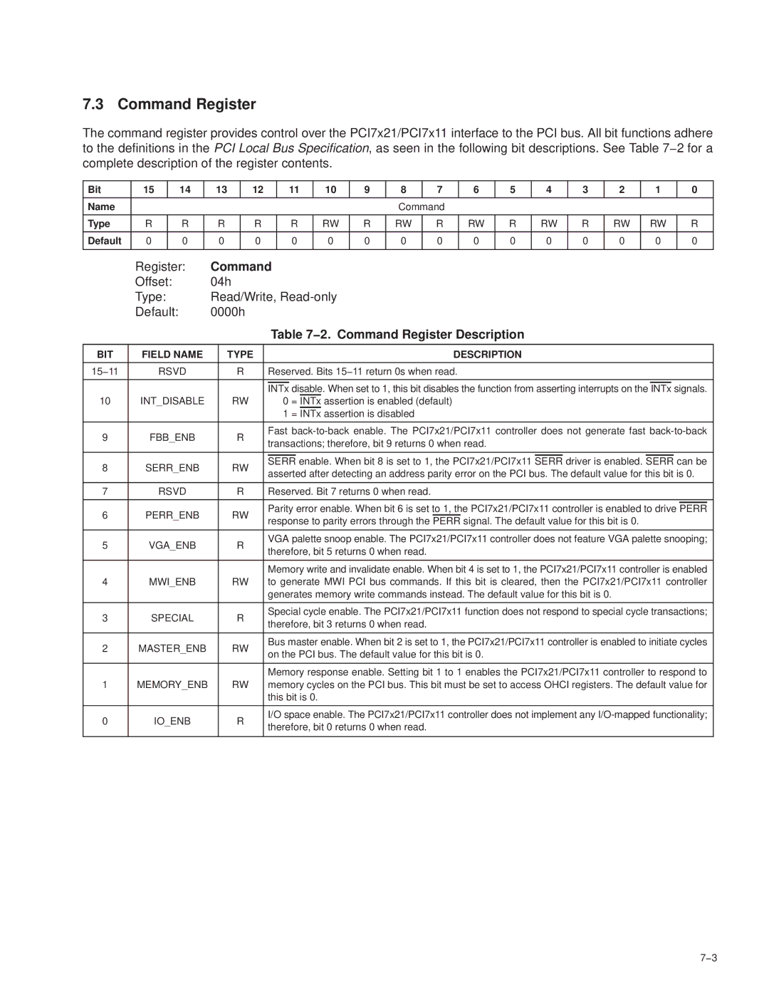 Texas Instruments PCI7421, PCI7411, PCI7611, PCI7621 manual 2. Command Register Description, BIT Field Name Type Description 