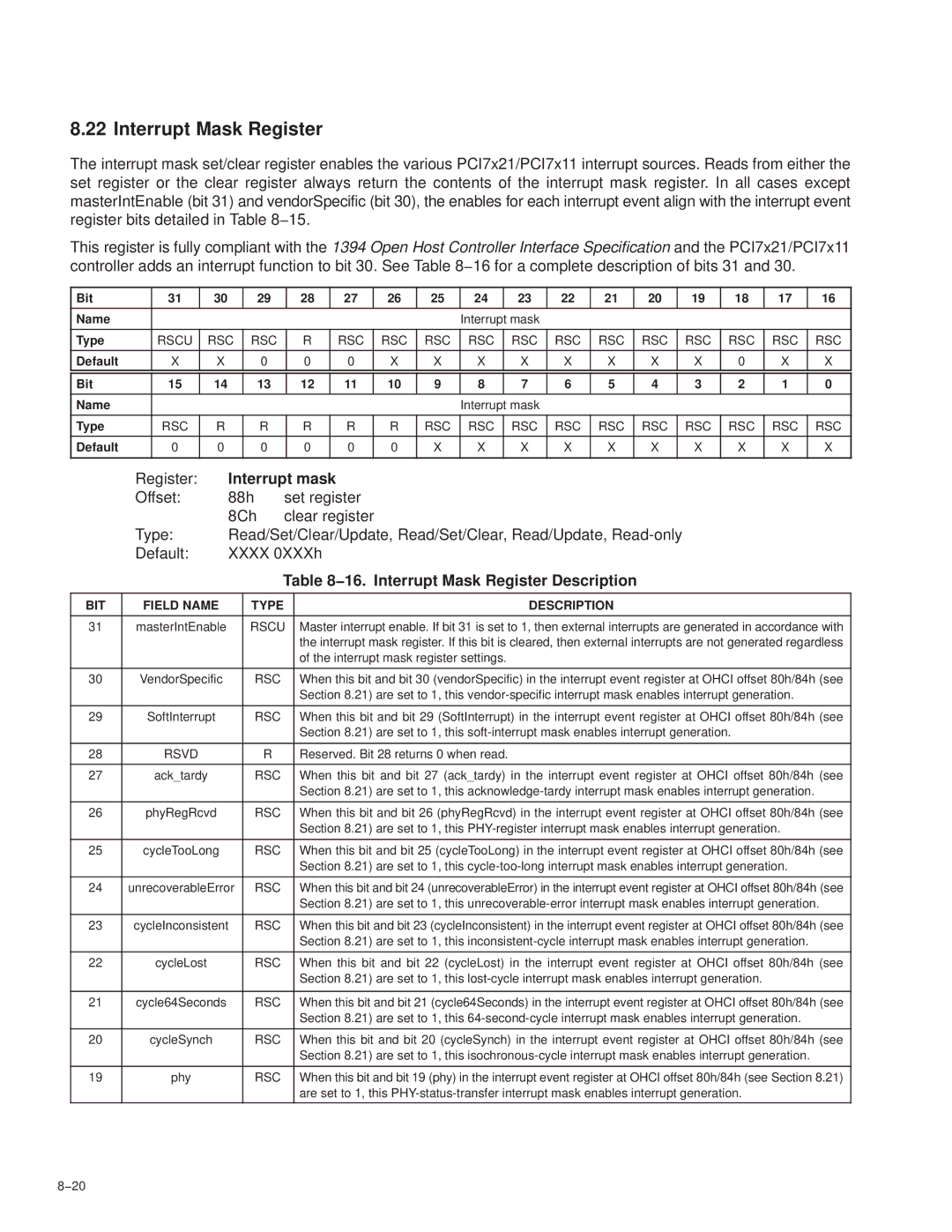 Texas Instruments PCI7411, PCI7611 Interrupt mask, 16. Interrupt Mask Register Description, Rscu RSC, MasterIntEnable 