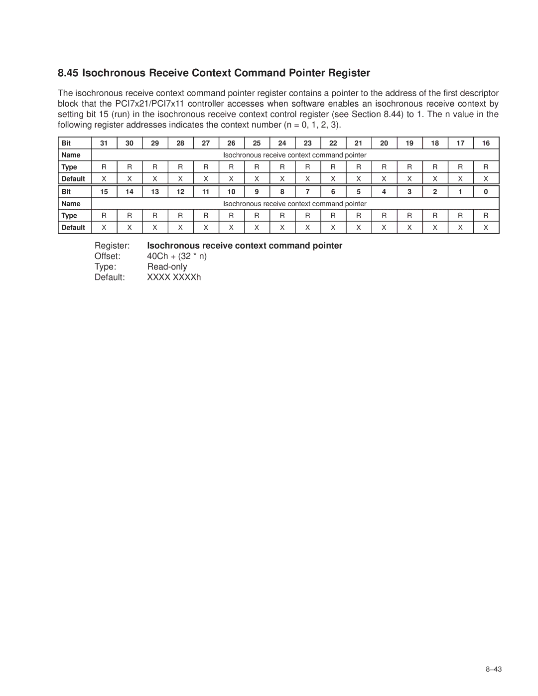 Texas Instruments PCI7421, PCI7411, PCI7611, PCI7621 manual Isochronous Receive Context Command Pointer Register, 43 