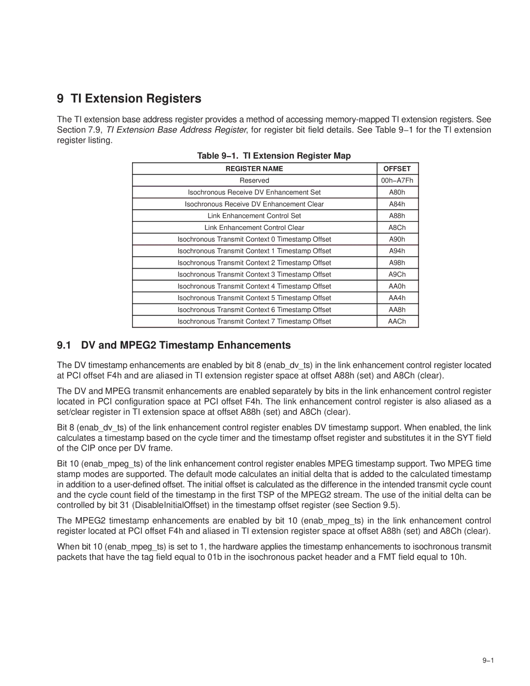 Texas Instruments PCI7611 DV and MPEG2 Timestamp Enhancements, 1. TI Extension Register Map, Link Enhancement Control Set 