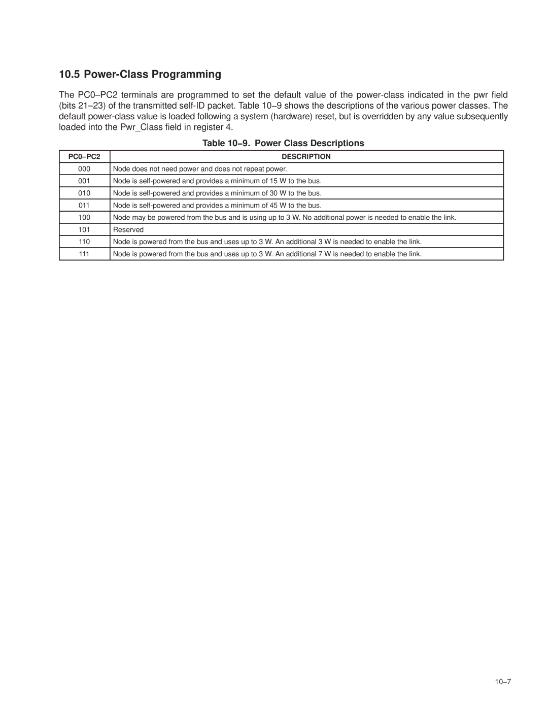 Texas Instruments PCI7611, PCI7411, PCI7621 Power-Class Programming, 9. Power Class Descriptions, PC0-PC2 Description, 10−7 