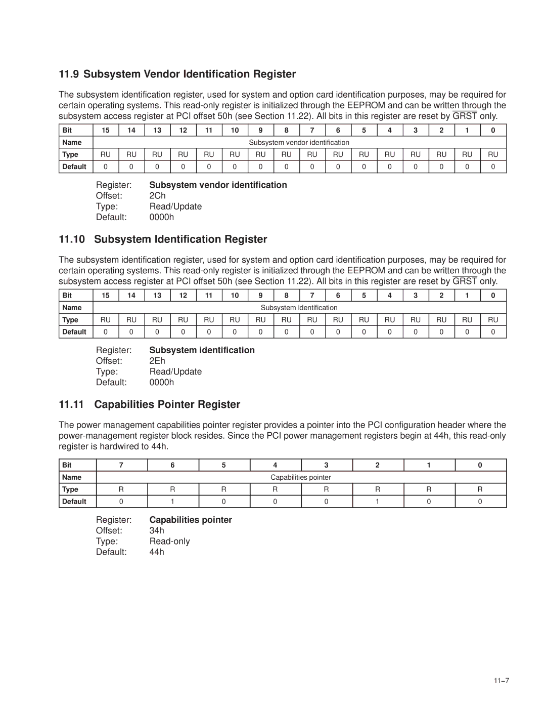 Texas Instruments PCI7611 Subsystem Vendor Identification Register, Capabilities Pointer Register, Capabilities pointer 