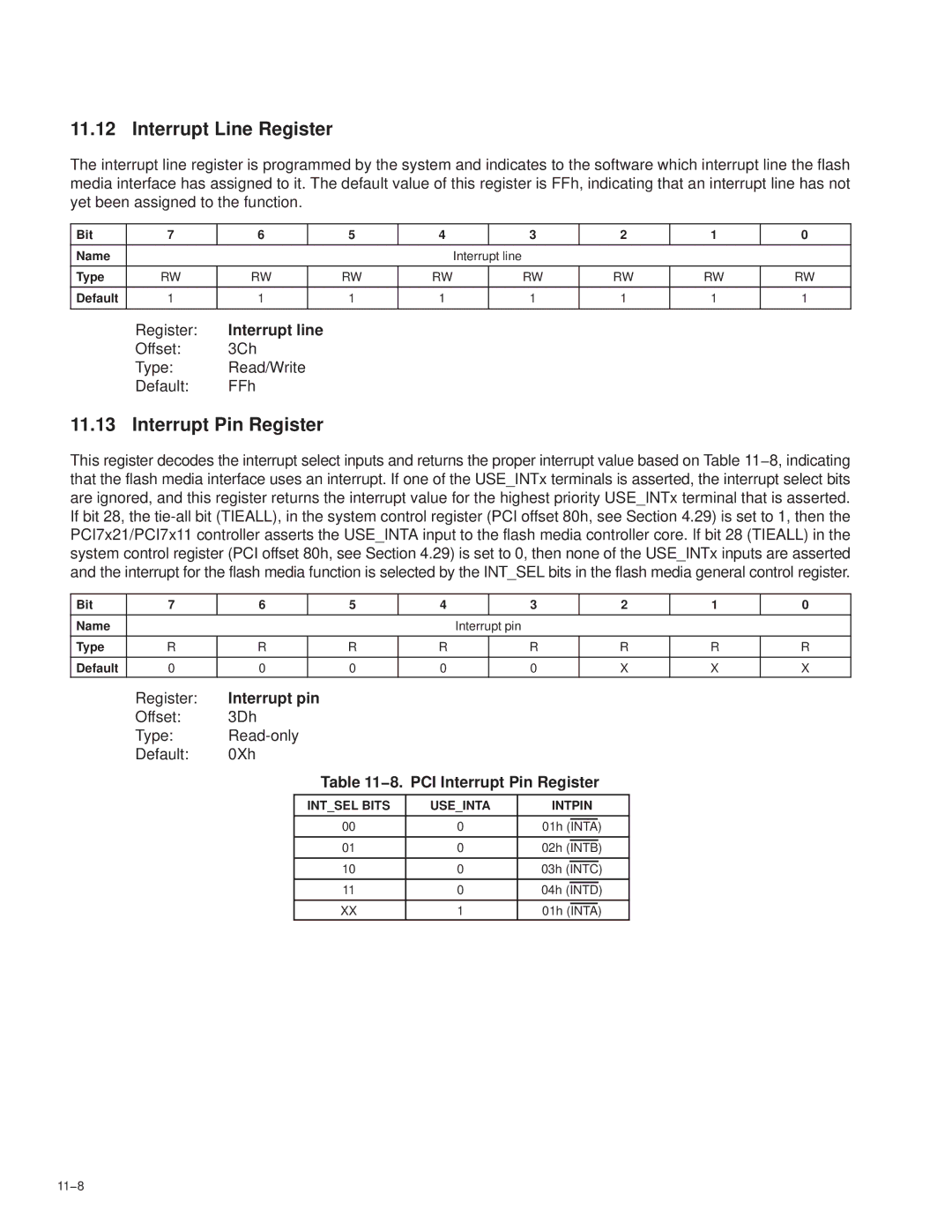 Texas Instruments PCI7621, PCI7411, PCI7611, PCI7421 manual 8. PCI Interrupt Pin Register, Intsel Bits Useinta Intpin, 11−8 