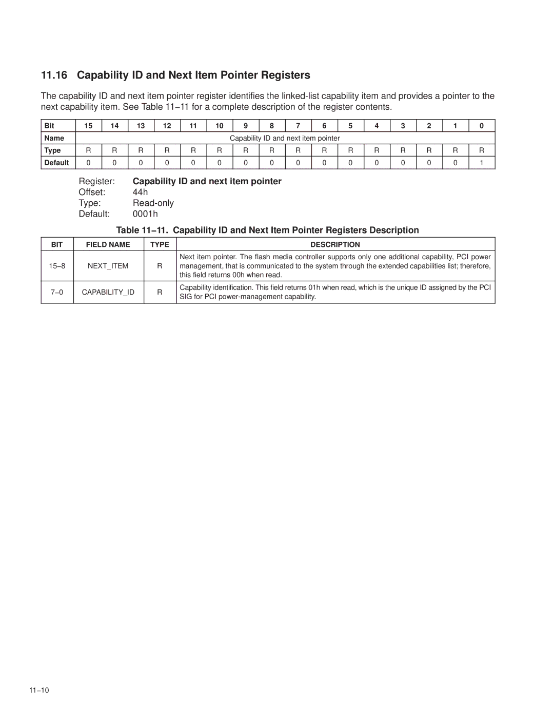 Texas Instruments PCI7411, PCI7611, PCI7621 Capability ID and Next Item Pointer Registers, This field returns 00h when read 