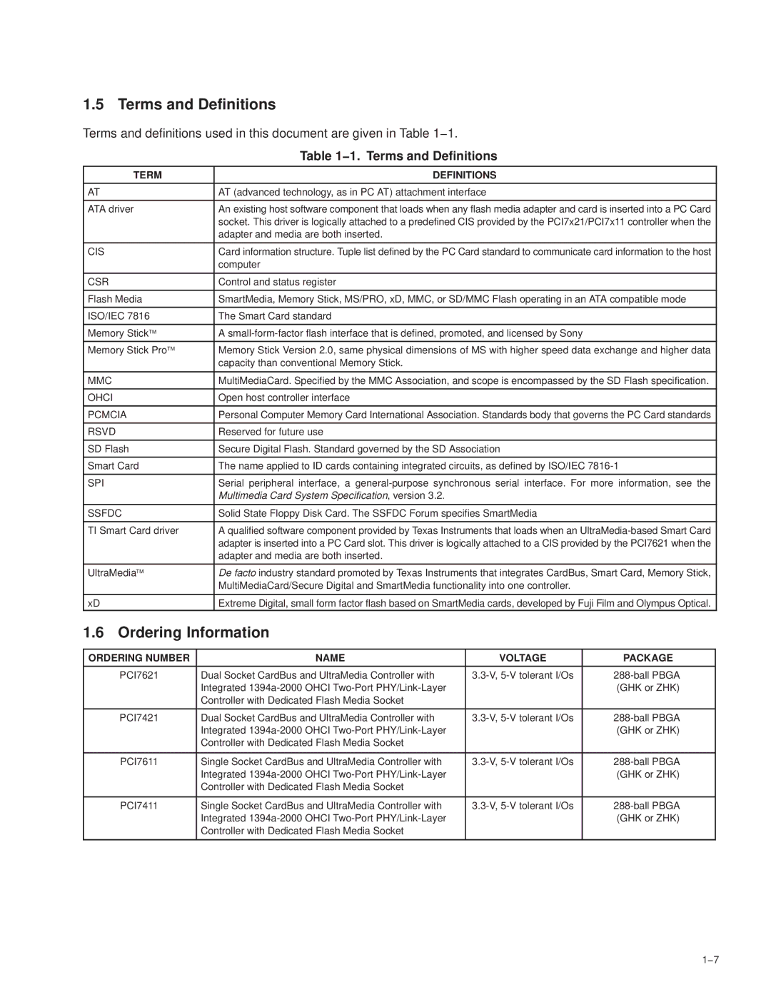 Texas Instruments PCI7611, PCI7411, PCI7621, PCI7421 Ordering Information, 1. Terms and Definitions, Term Definitions 