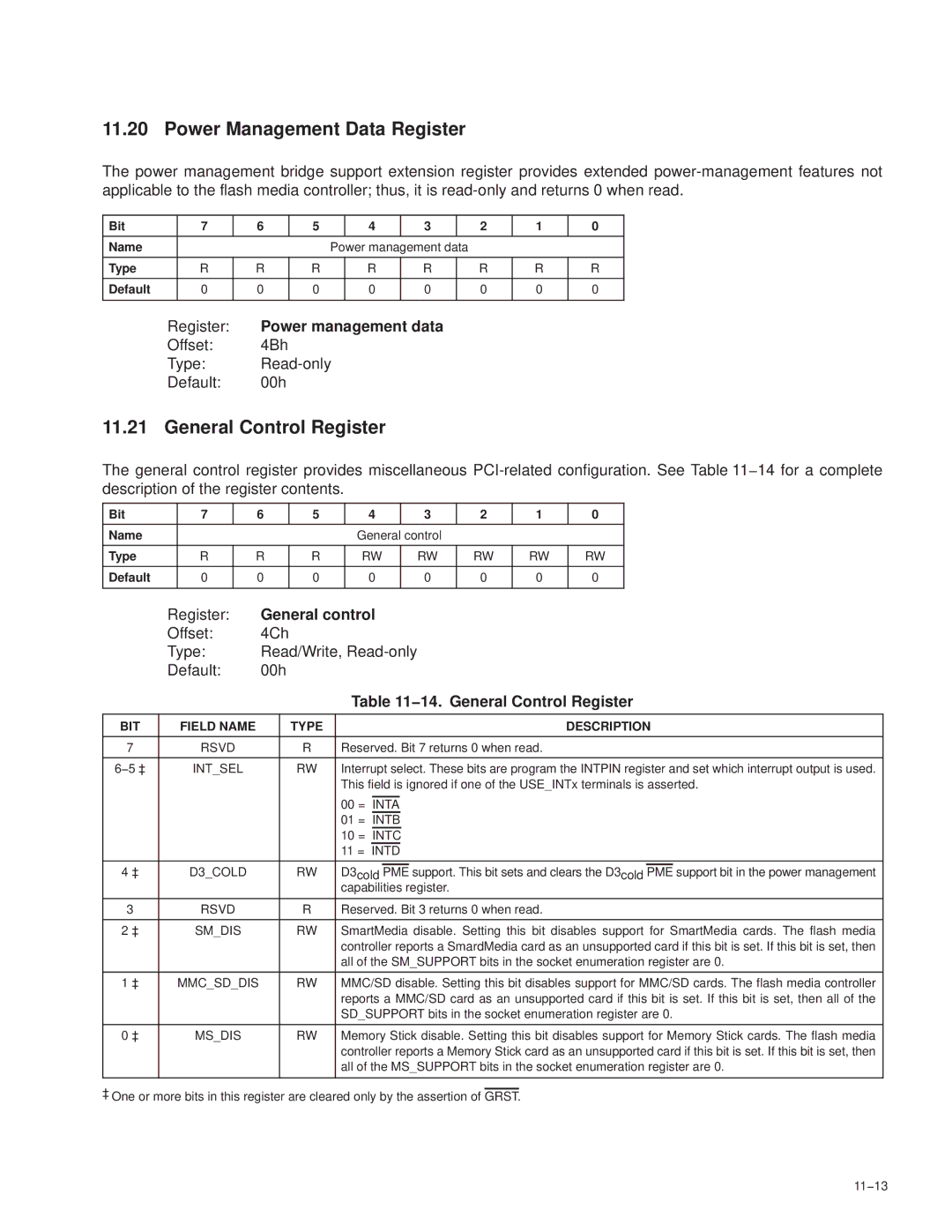 Texas Instruments PCI7421, PCI7411 Power Management Data Register, Power management data, 14. General Control Register 