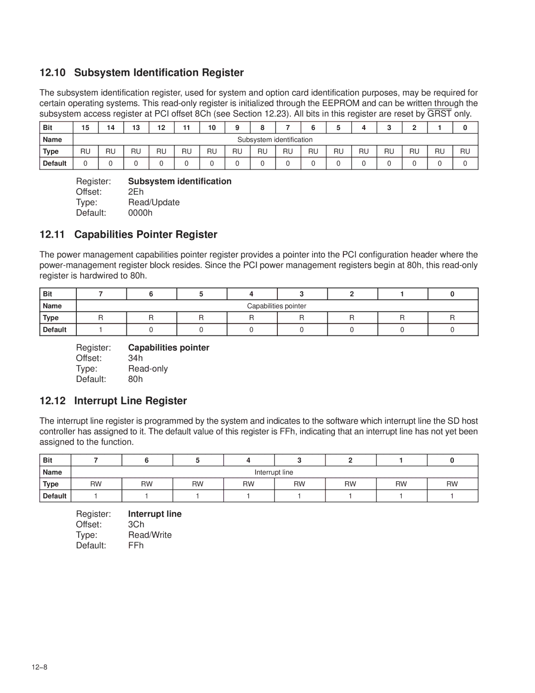 Texas Instruments PCI7621, PCI7411, PCI7611, PCI7421 manual Interrupt Line Register, 12−8 