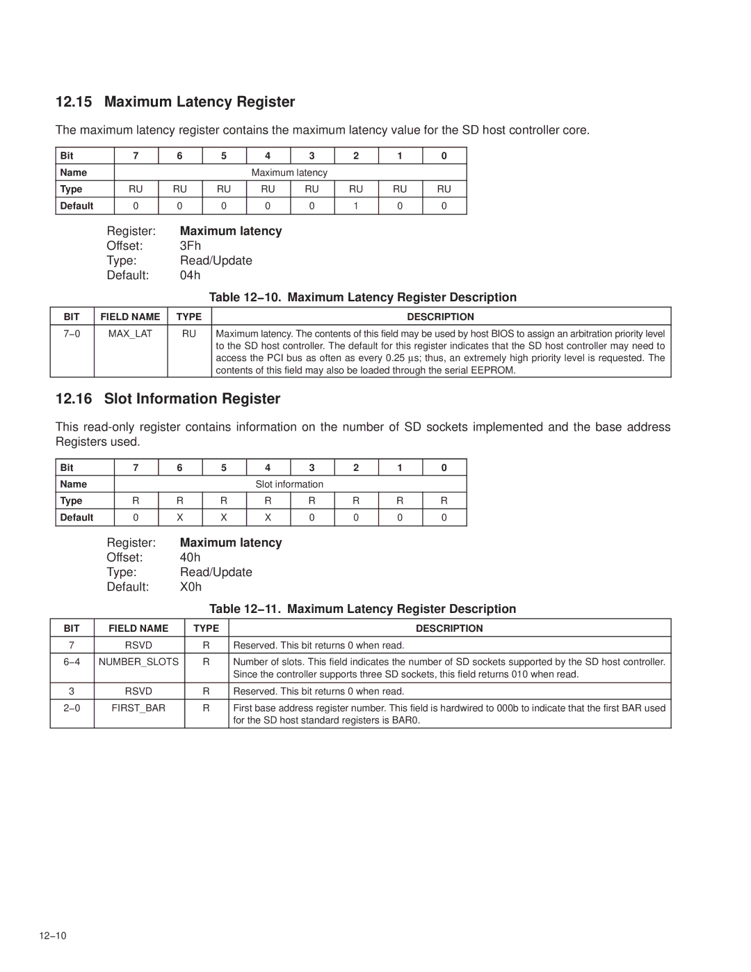 Texas Instruments PCI7411 Slot Information Register, Register Maximum latency, 11. Maximum Latency Register Description 