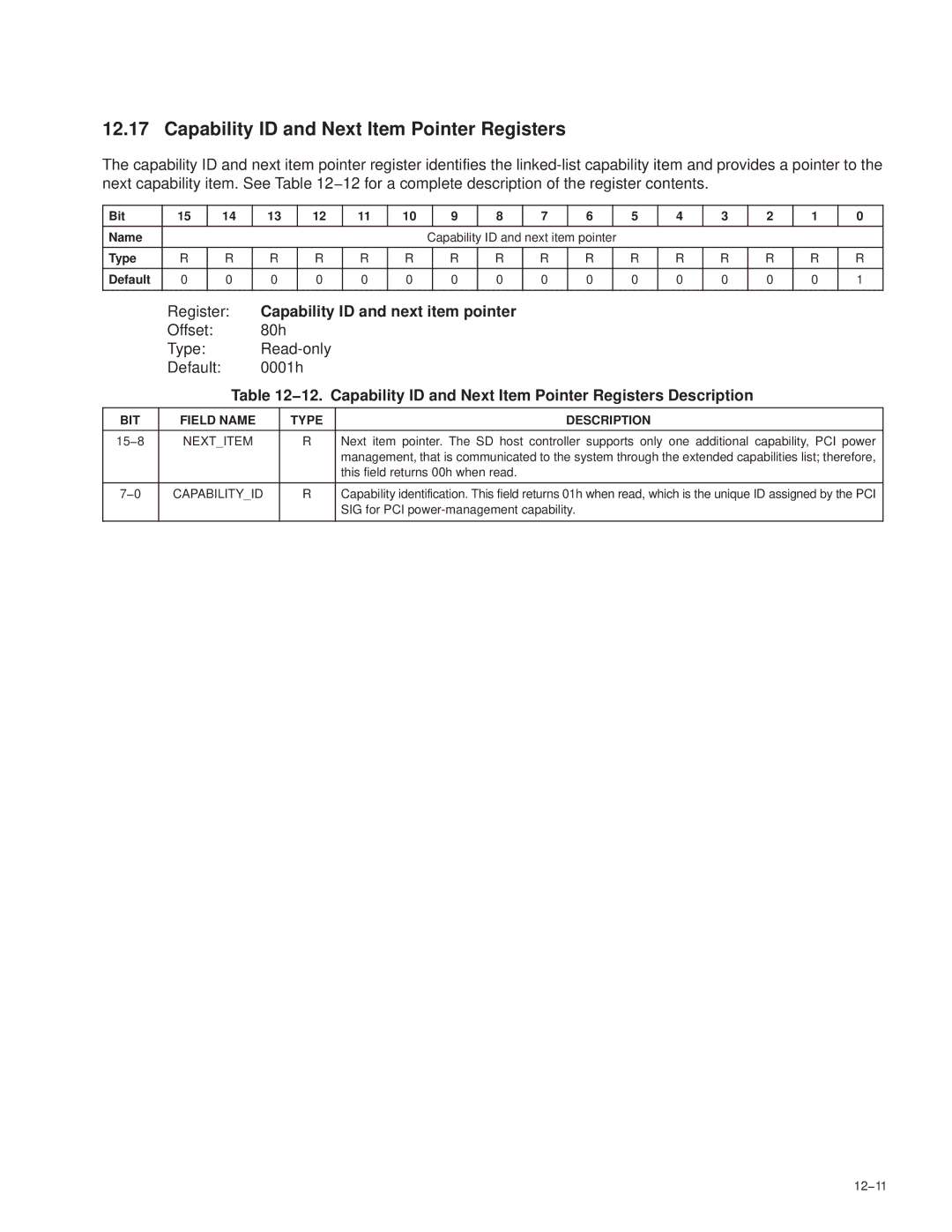 Texas Instruments PCI7611, PCI7411, PCI7621, PCI7421 manual Capability ID and Next Item Pointer Registers, 12−11 