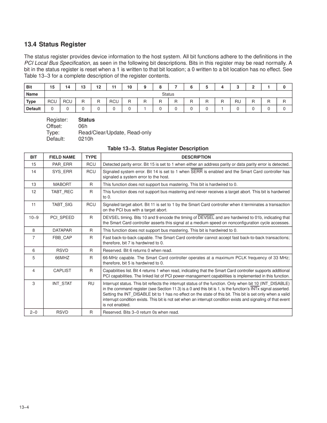 Texas Instruments PCI7411, PCI7611, PCI7621 manual Is enabled and the Smart Card controller has, Tabtsig RCU, Intstat, 13−4 