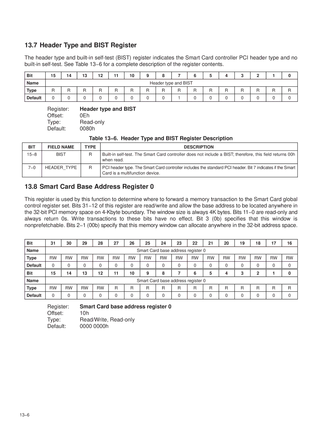 Texas Instruments PCI7621, PCI7411, PCI7611 manual Smart Card Base Address Register, Smart Card base address register, 13−6 