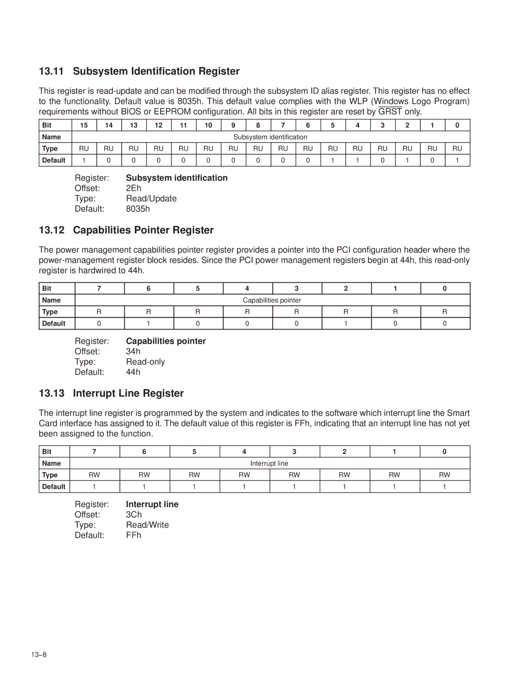 Texas Instruments PCI7411, PCI7611, PCI7621, PCI7421 manual Interrupt Line Register, 13−8 