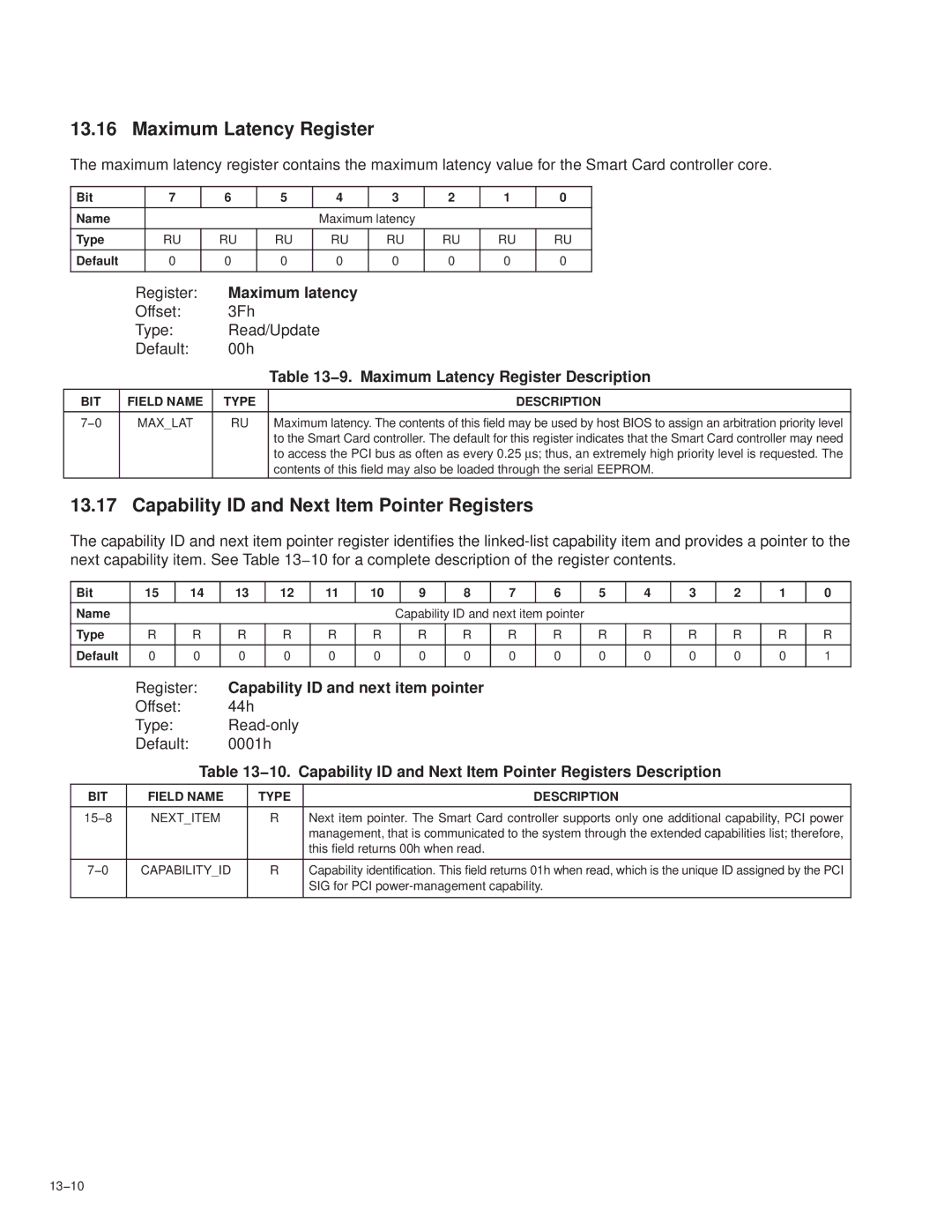 Texas Instruments PCI7621, PCI7411, PCI7611, PCI7421 manual 9. Maximum Latency Register Description, 13−10 