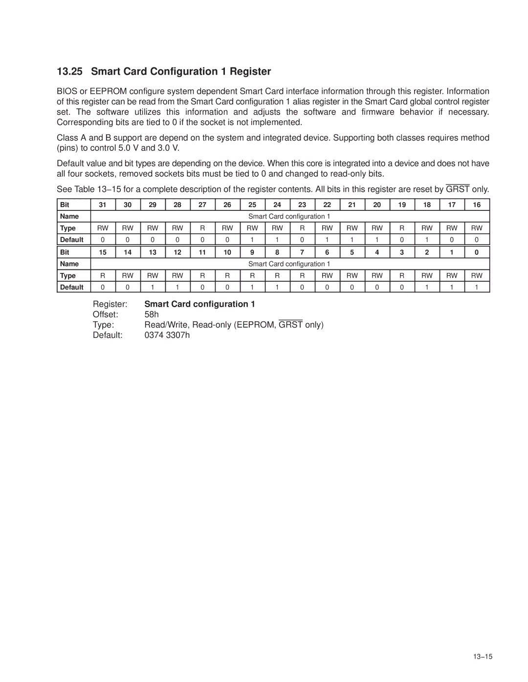 Texas Instruments PCI7421, PCI7411, PCI7611, PCI7621 Smart Card Configuration 1 Register, Smart Card configuration, 13−15 