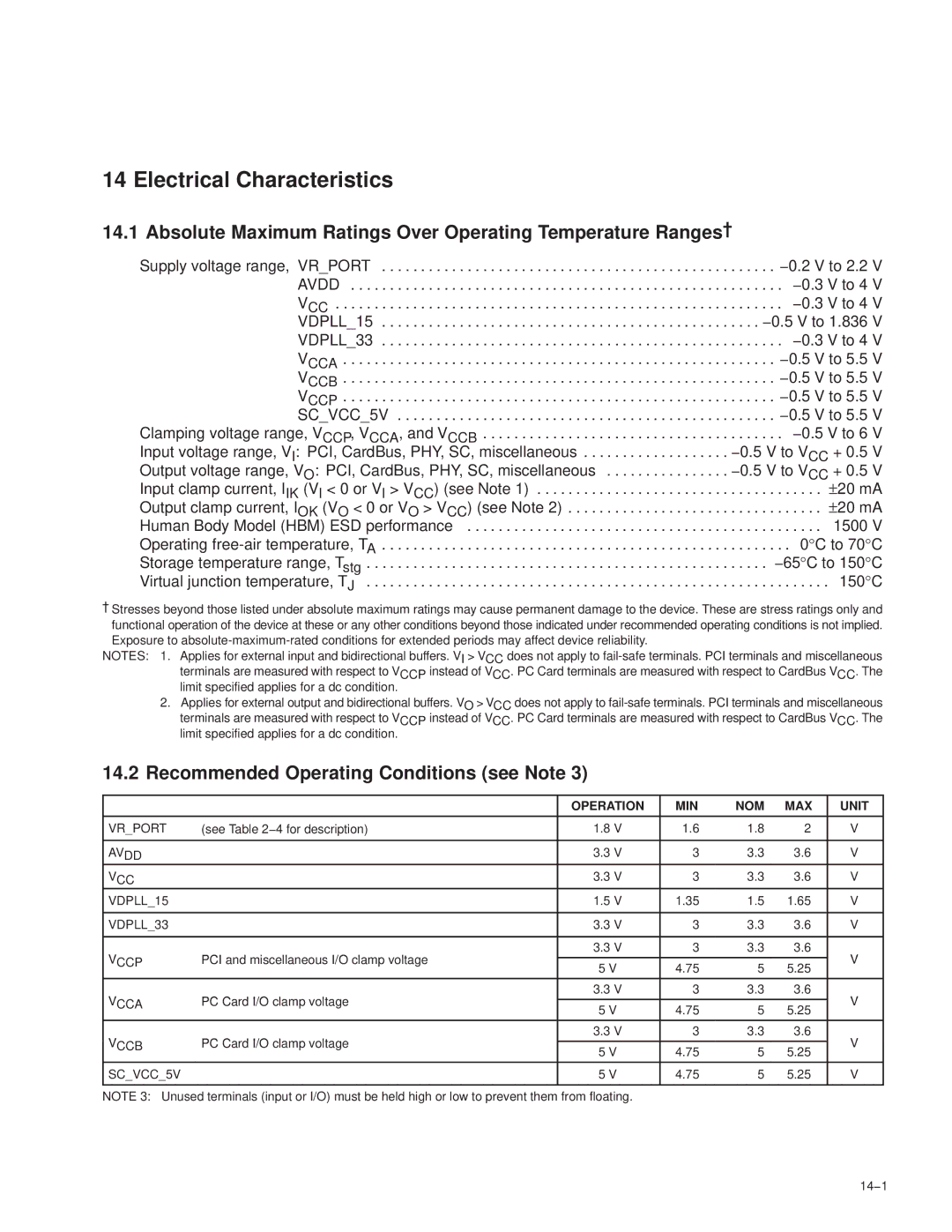 Texas Instruments PCI7421, PCI7411 Absolute Maximum Ratings Over Operating Temperature Ranges†, Operation MIN NOM MAX Unit 