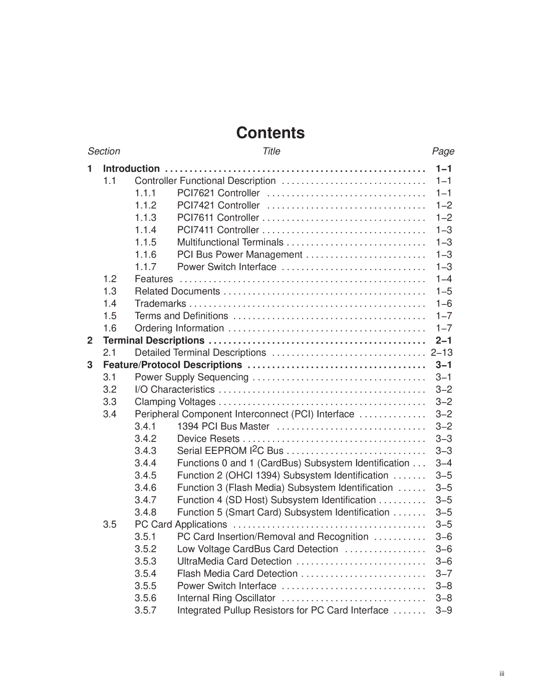 Texas Instruments PCI7421, PCI7411, PCI7611, PCI7621 manual Contents 