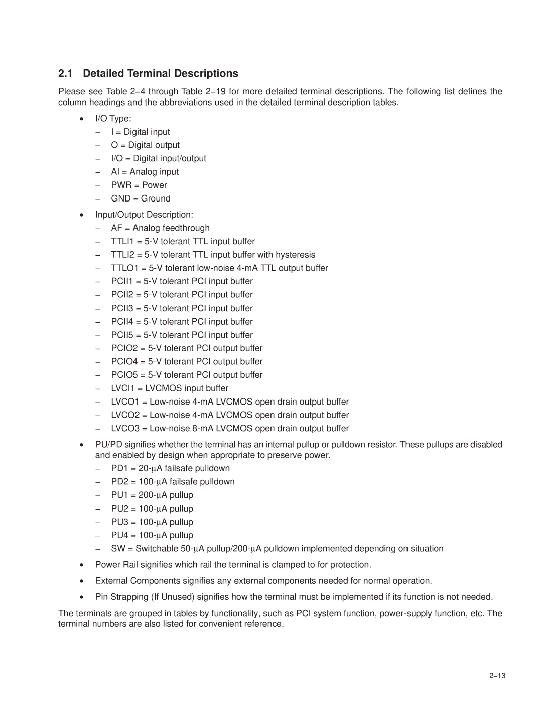 Texas Instruments PCI7421, PCI7411, PCI7611, PCI7621 manual Detailed Terminal Descriptions, 13 